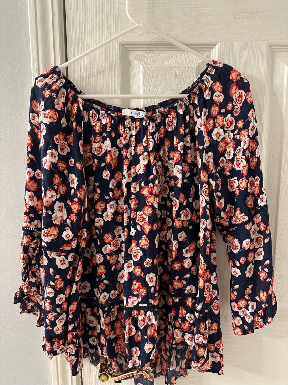 Navy Floral Off-Shoulder Tunic with Coral Blooms